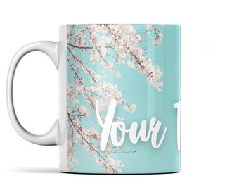 Cherry Blossom Mug No. 14 with White Flowers and Clear Blue Sky by Hypestar with wrapped print