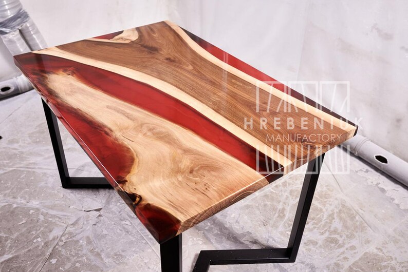 Red river Live edge natural wood table rustic epoxy top resin table farmhouse dine table living room slab table red epoxy 6 sits table