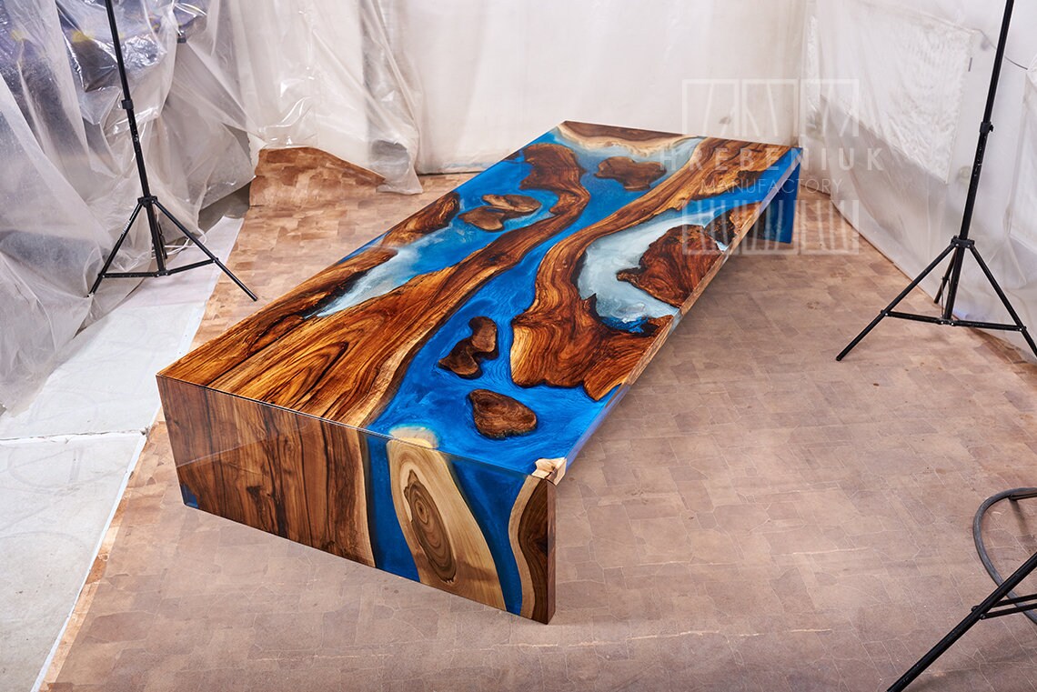Wooden epoxy legs living room table live edge blue resin river Etsy