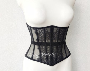 Black Lace Underbust Corset, Steel Boned Mesh Lingerie