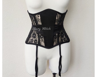 Black lace underbust corset with stocking holders  ,corset lingerie, steel bones corset, mesh corset, corset belt, plus size corset