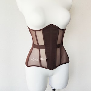 Underbust mesh brawn Corset with steel Boned, Transparent Corset, Chocolate Corset Belt, corset trainer, underwear corset, corset top