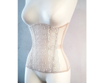 Espartilho sob o busto em renda bege personalizado. Espartilho de treino de cintura real para amarração justa. Lingerie sexy feminina, espartilho vitoriano