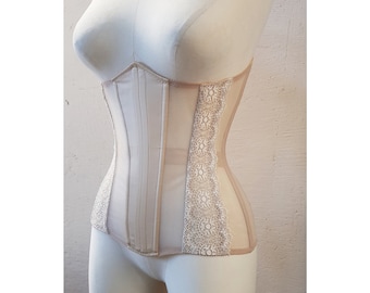 Custom beige underbust corset from mesh with lace. Real waist training corset for tight lacing. Women sexy lingerie,victorian corset