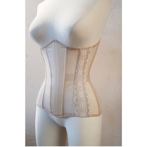 Custom beige underbust corset from mesh with lace. Real waist training corset for tight lacing. Women sexy lingerie,victorian corset