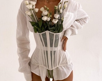 Wedding White Mesh underbust corset. Plus size corset lingerie .Corset Victorian corset for women. corset top.
