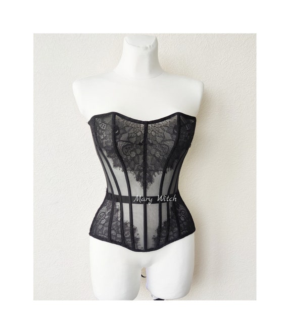 Custom Overbust Black Lace Corset for Women . Lingerie Corset