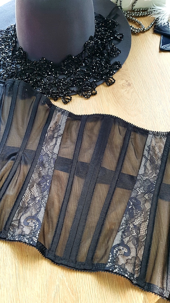 Custom Black Mesh Corset Lingerie, Gothic Lace, Steel Boned  display picture 2