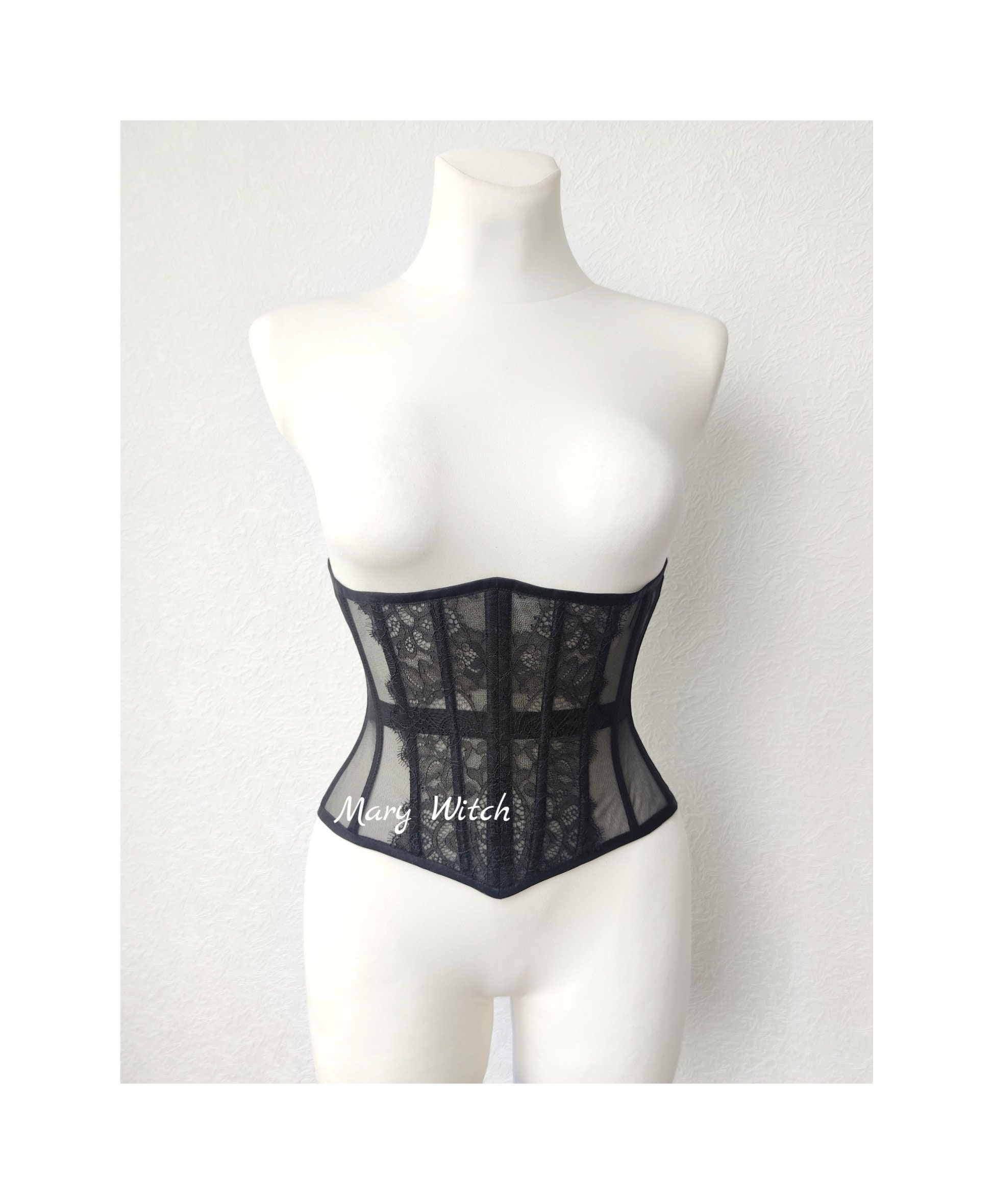 Underbust Plus Size Black Mesh with Lace Long Corset