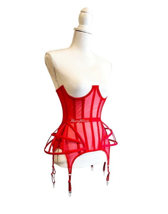 Red Mesh Underbust Corset With Suspenders, Steel Boned Waist 