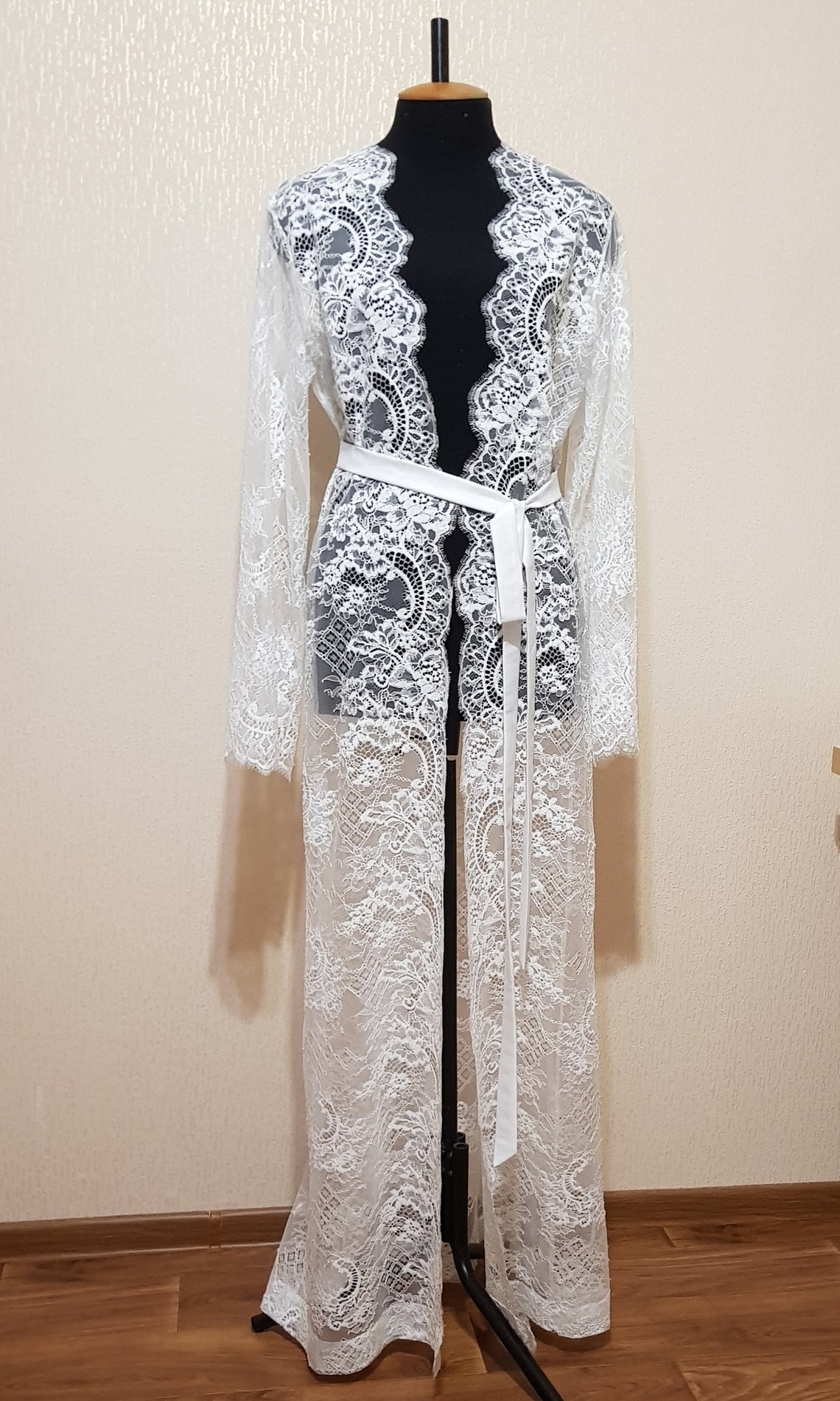 White Long Lace Bridal Robe Peignoir Robe Long White Robe Etsy
