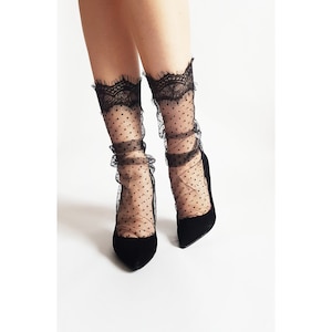 Black Polka Dot Tulle Socks with Lace: Sheer Fashion Socks