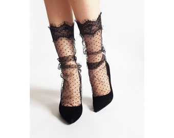 Black Tulle polka dot socks with lace, Black mesh Socks,Black Sheer Socks, lace Socks,Sexy Socks, Trendy Socks, Fashion Socks