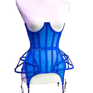 Custom Blue Mesh underbust corset with suspenders. Real waist training corset for tight lacing. steel boned corset