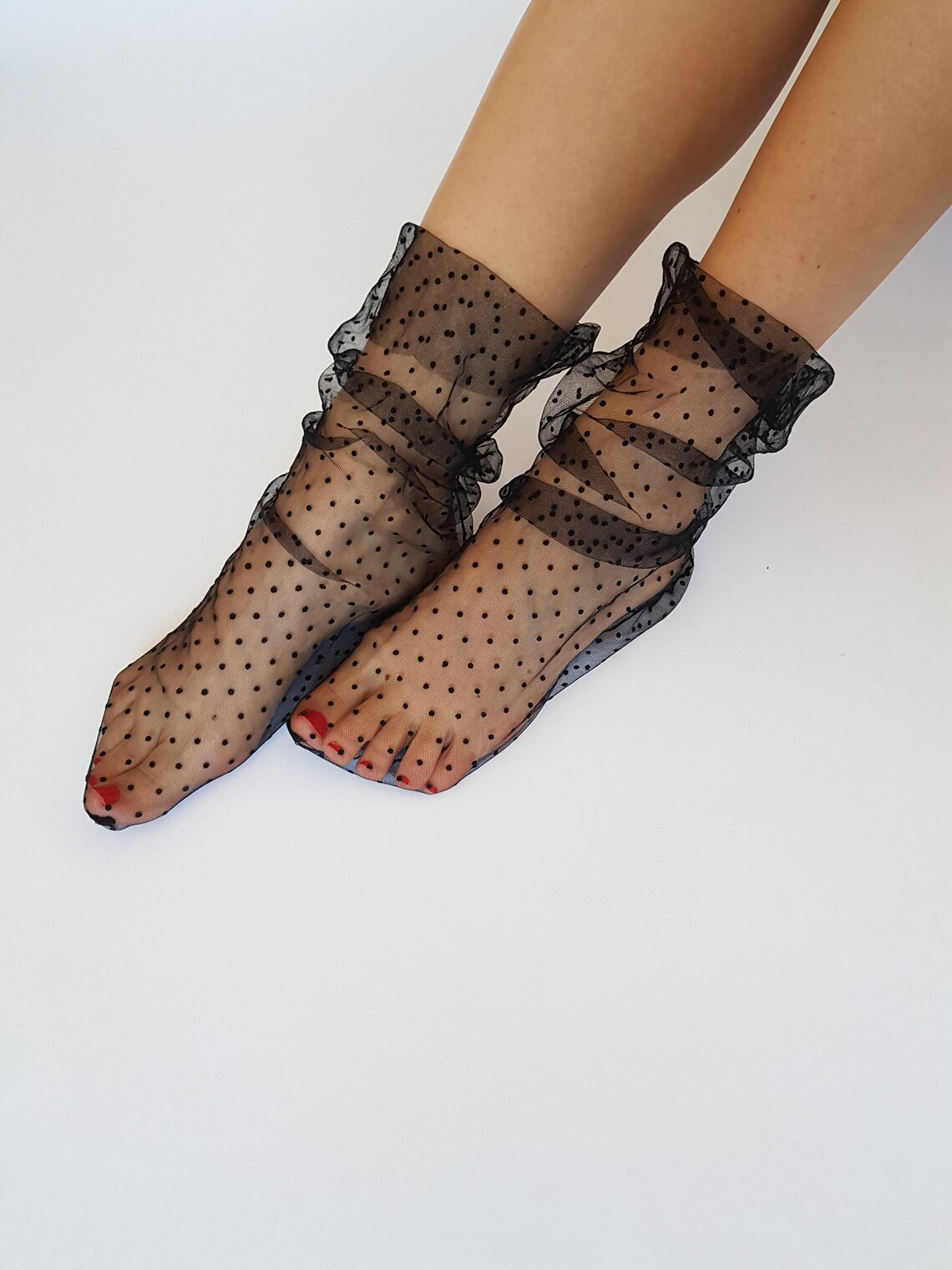 Black Mesh Socksblack Polka Dot Tulle Socksblack Sheer Etsy