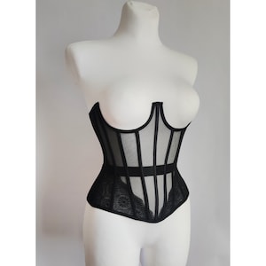 Fashionable black underbust mesh corset with lace. Real waist training corset for tight lacing,lace corset,steel bones corset, mesh corset