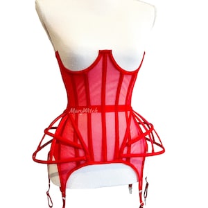Custom Red Mesh underbust corset with suspenders. Real waist training corset for tight lacing. steel boned corset