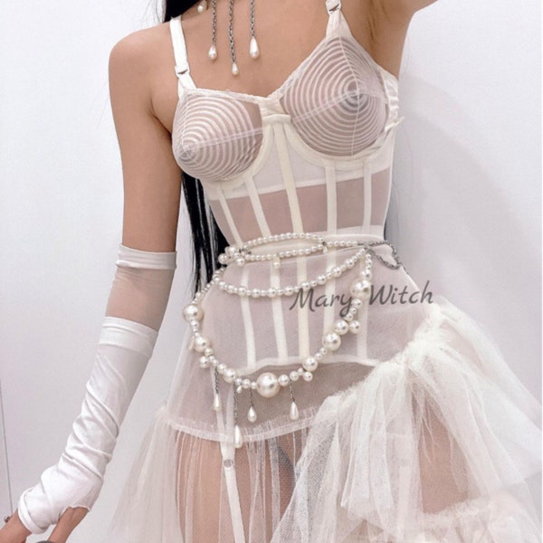 Custom White Mesh underbust corset with suspenders. Real waist training corset for tight lacing. steel boned corset