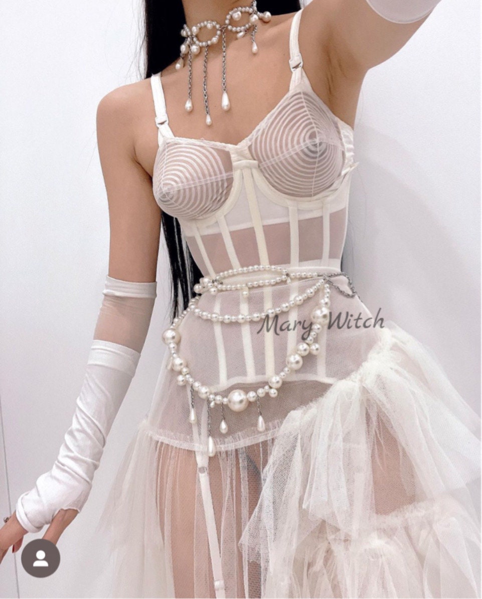 Custom White Mesh underbust corset with suspenders. Real waist training corset for tight lacing. steel boned corset