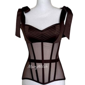 Brown Sheer Overbust Corset: Satin Ties, Adjustable Lace-Up