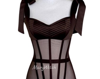 Brown Sheer Overbust Corset: Satin Ties, Adjustable Lace-Up