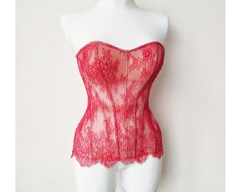 Custom overbust red lace corset for women . Lingerie corset. transparent corsetry. Corset Top with steel boned, Bustier Top, Sexy Corset