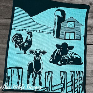 Down on the Farm Blanket, mosaic crochet blanket pattern, mosaic crochet animal pattern, mosaic overlay crochet, farm animal crochet pattern