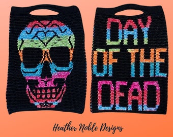 Day of the Dead Bag, mosaic crochet bag pattern, mosaic overlay crochet, sugar skull crochet pattern, Halloween crochet pattern, Level 2
