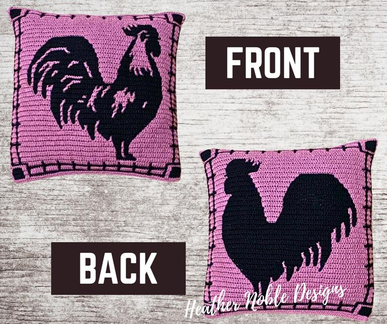 May include: A pair of square crochet pillows. The front of the pillow is a light pink with a black rooster silhouette. The back of the pillow is a light pink with a black rooster silhouette. The pillows have a black border and the word "FRONT" and "BACK" are displayed.