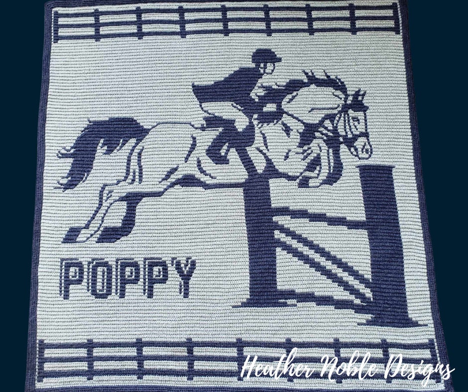 Equestrian Jumper, mosaic crochet blanket pattern, mosaic overlay, horse jumping throw,  horse lover gift, mosaic crochet horse pattern