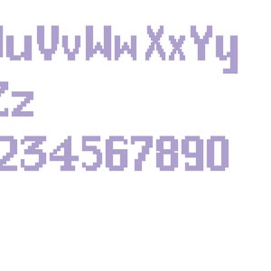 May include: A pixelated font set in a light purple color, showing the letters U, V, W, X, Y, Z, and the numbers 1 through 9 and 0.