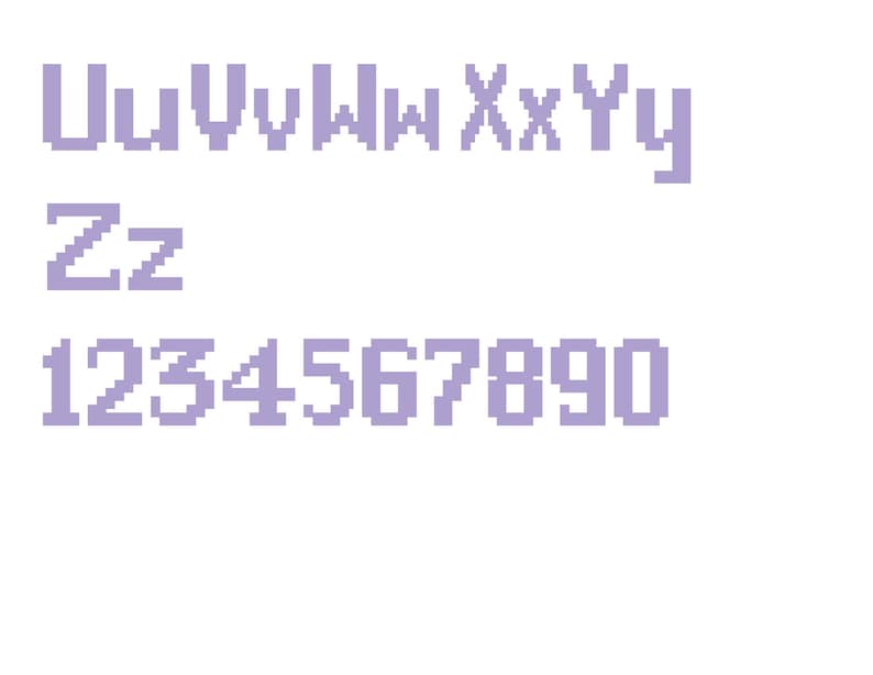 May include: A pixelated font set in a light purple color, showing the letters U, V, W, X, Y, Z, and the numbers 1 through 9 and 0.