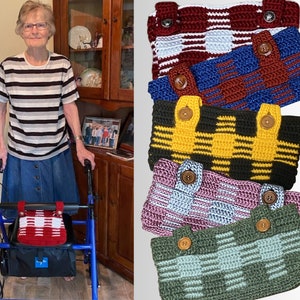 May include: Five crocheted walker bags in different colors and patterns. The bags have button closures and are made with a variety of yarn colors, including red, white, blue, yellow, black, green, and pink.