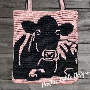 Cow Tote, mosaic crochet tote pattern, mosaic overlay crochet, crochet bag pattern, cow bag, down on the farm