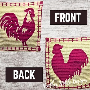 May include: Handmade rooster-themed crochet square in cream and burgundy. The front and back of the square are shown, each featuring a rooster silhouette. The word "FRONT" and "BACK" are displayed on the image.