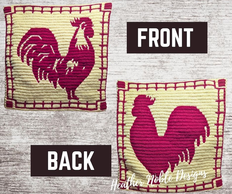 May include: Handmade rooster-themed crochet square in cream and burgundy. The front and back of the square are shown, each featuring a rooster silhouette. The word "FRONT" and "BACK" are displayed on the image.