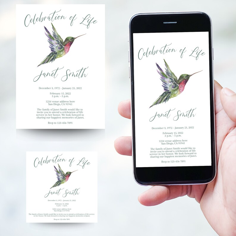 Hummingbird Celebration of Life Invitation, in Loving Memory, Funeral