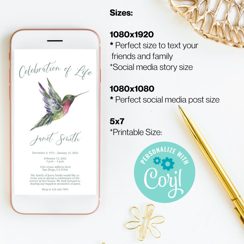 Hummingbird Celebration of Life Invitation, in Loving Memory, Funeral