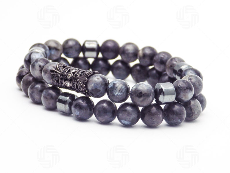 8mm Mens Natural Labradorite Hematite Bracelet CZ Micro Pave Tube Stress Anxiety Relief Power Fathers Day Anniversary Birthday Gift For Him
