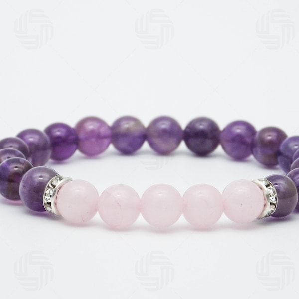 Handmade Rose Quartz Amethyst Bracelet Stone Reiki Chakra Healing Gemstone Meditation Love Mothers Day Anniversary Valentine Gift Set UK