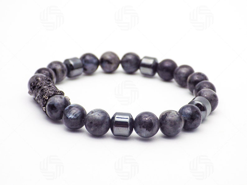 8mm Mens Natural Labradorite Hematite Bracelet CZ Micro Pave Tube Stress Anxiety Relief Power Fathers Day Anniversary Birthday Gift For Him