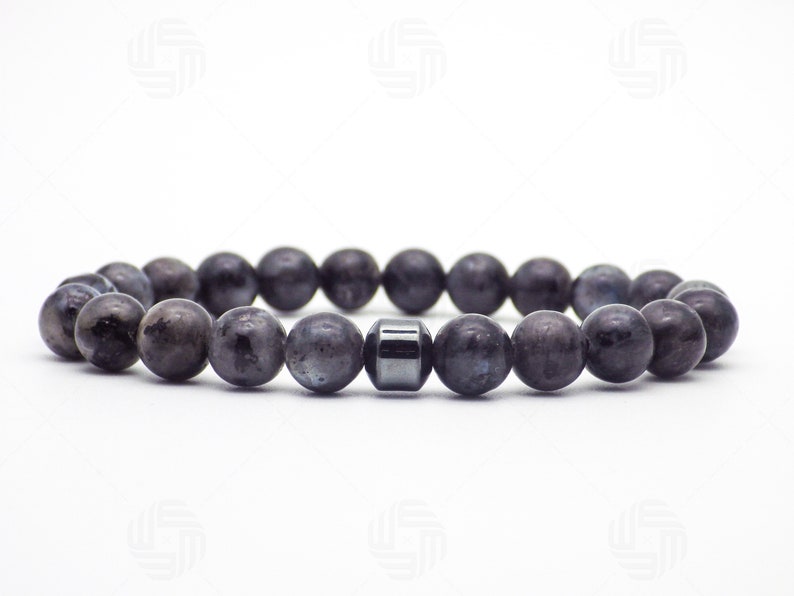 8mm Mens Natural Labradorite Hematite Bracelet CZ Micro Pave Tube Stress Anxiety Relief Power Fathers Day Anniversary Birthday Gift For Him