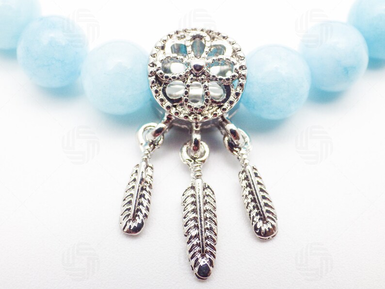 8mm Beautiful Women Blue Aquamarine Geode Silver Dream Catcher Charm Jewelry Bracelet Chakra Gemstone Healing March Birthstone Gift For Her