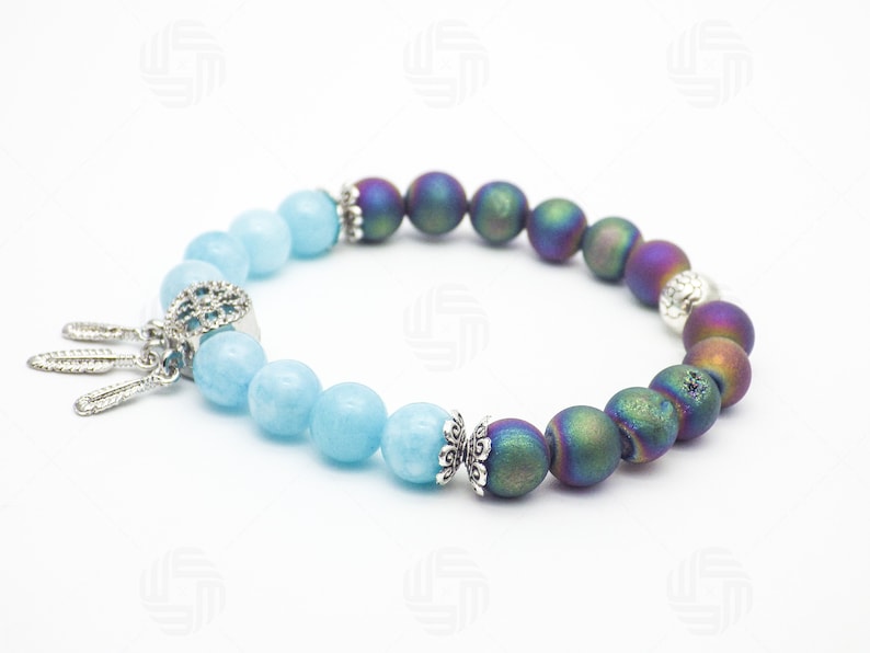 8mm Beautiful Women Blue Aquamarine Geode Silver Dream Catcher Charm Jewelry Bracelet Chakra Gemstone Healing March Birthstone Gift For Her