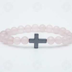 Handmade Natural Rose Quartz Hematite Bracelet Cross Jesus Christ Stone Beads Faith Christian Women Unisex Gift UK