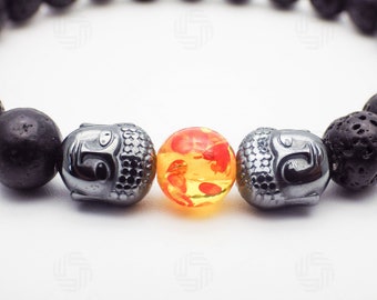 Herren Amber Resin Lava Buddha Armband Chakra Energie Mala Stress Handmade Geschenk UK