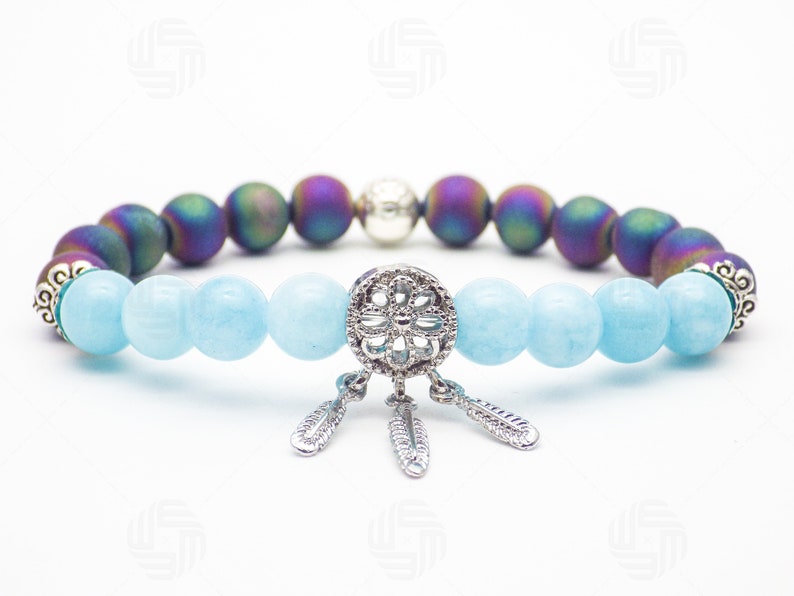 8mm Beautiful Women Blue Aquamarine Geode Silver Dream Catcher Charm Jewelry Bracelet Chakra Gemstone Healing March Birthstone Gift For Her