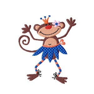 May include: A cartoon monkey wearing a blue and white checkered skirt, a crown, and a flower. The monkey is brown with orange accents and has a big smile.
