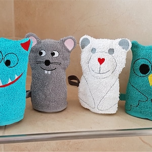 Embroidery file washcloth set of 4 13 cm x 18 cm, mouse, bear, owl, monster