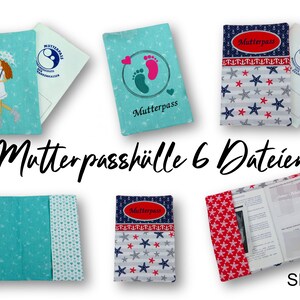 Pode incluir: Conjunto de seis arquivos imprimíveis para um porta-passaporte de bebé. Os designs incluem uma mulher grávida com um guarda-chuva, pegadas e um tema náutico com estrelas e âncoras. O texto na imagem diz "Mutterpasshülle 6 Dateien SET 1".